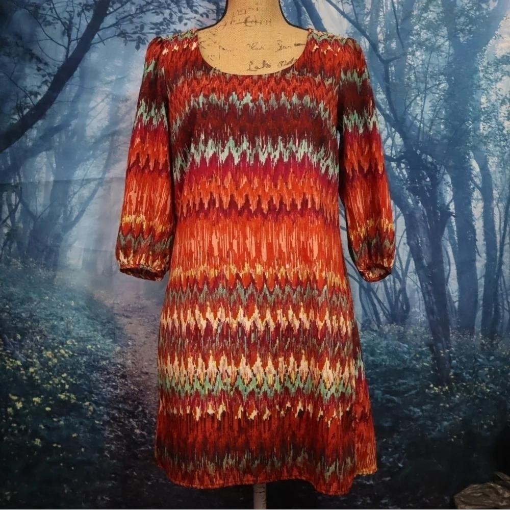Multicolor Ikat Shift Dress XS Lily Rose Womens Open Back Bow Detail 3/4 Sleeve